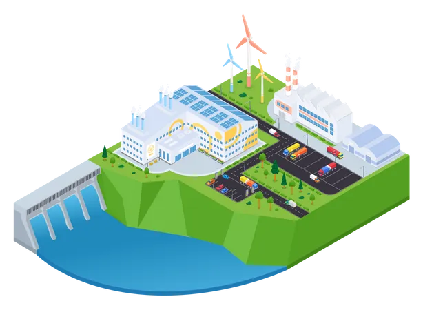 Green Energy Modern Vector Colorful Isometric Illustration Industrial Landscape With Solar Panels Wind Turbines Eco Factory Water Power Plant Charging Station Environmental Conservation Idea Illustration