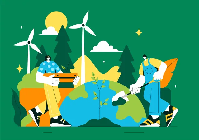 Renewable Energy with Green Trees and Plants in a Forest  Illustration