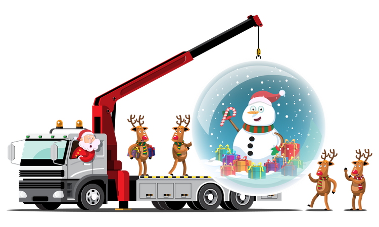 Le renne et le Père Noël apportent une boule de cristal géante et un bonhomme de neige à l'intérieur du camion  Illustration