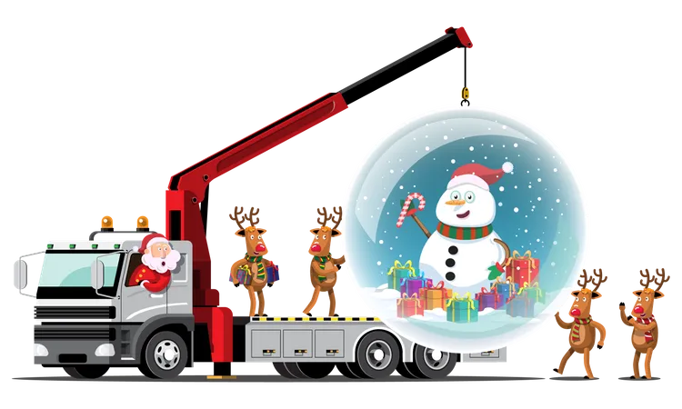 Le renne et le Père Noël apportent une boule de cristal géante et un bonhomme de neige à l'intérieur du camion  Illustration