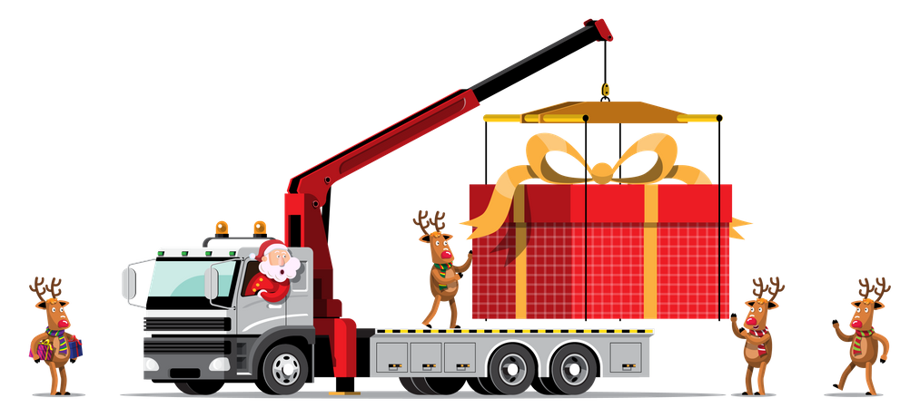 Reno y Papá Noel traen una caja de regalo gigante en camión  Ilustración