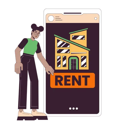 Rental App 2 D Linear Illustration Concept African American Woman Renting Apartment Online Cartoon Character Isolated On White House Hunting Smartphone Metaphor Abstract Flat Vector Outline Graphic 일러스트레이션
