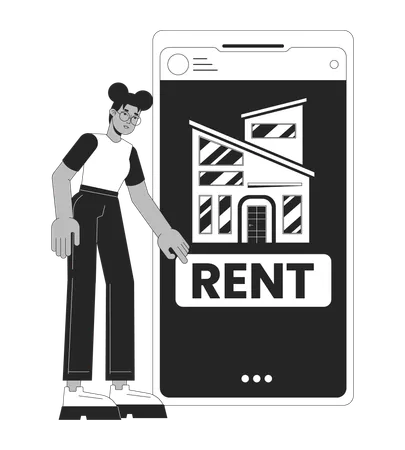 Rental App Black And White 2 D Illustration Concept African American Woman Renting Apartment Online Cartoon Outline Character Isolated On White House Hunting Smartphone Metaphor Monochrome Vector Art Illustration
