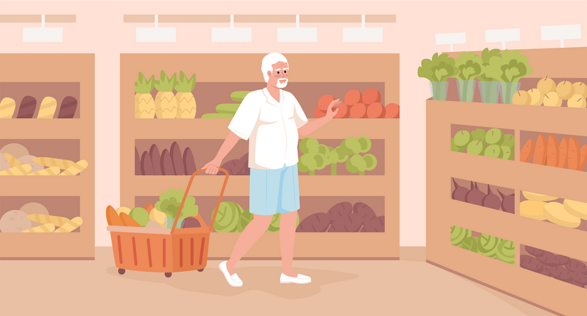 Rentner kauft Gemüse im Supermarkt  Illustration