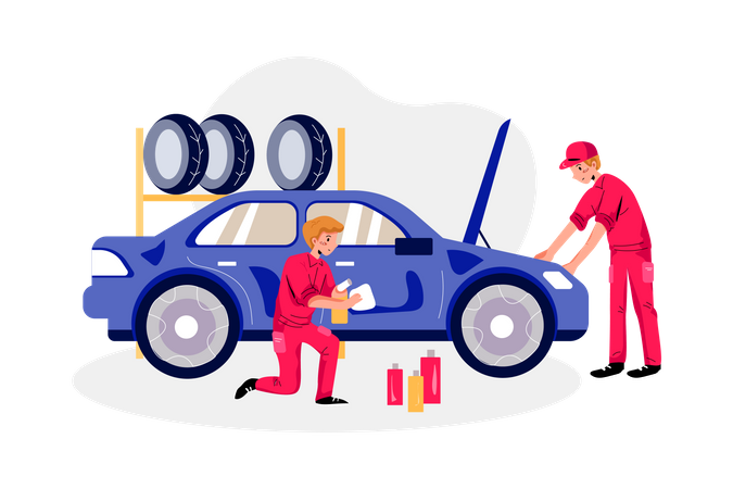 Repair man checking engine and Cleaning car  Illustration