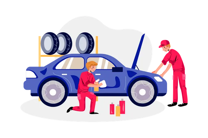 Repair man checking engine and Cleaning car  Illustration