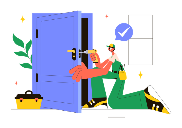 Repair man drilling door  Illustration