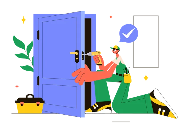 Repair man drilling door  Illustration