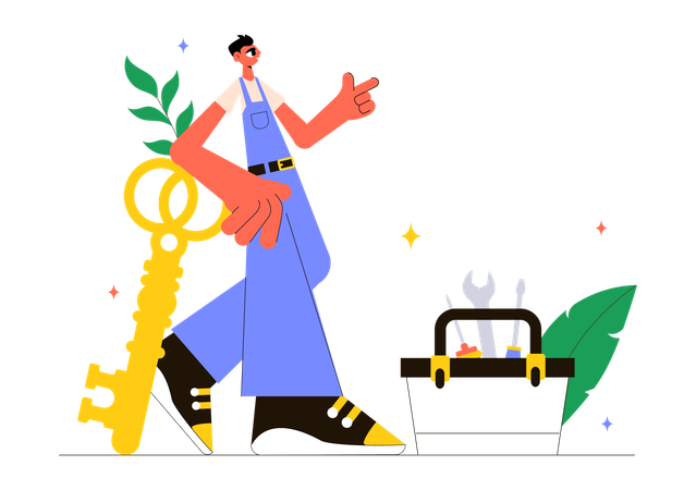 Repair man pointing toolkit  Illustration