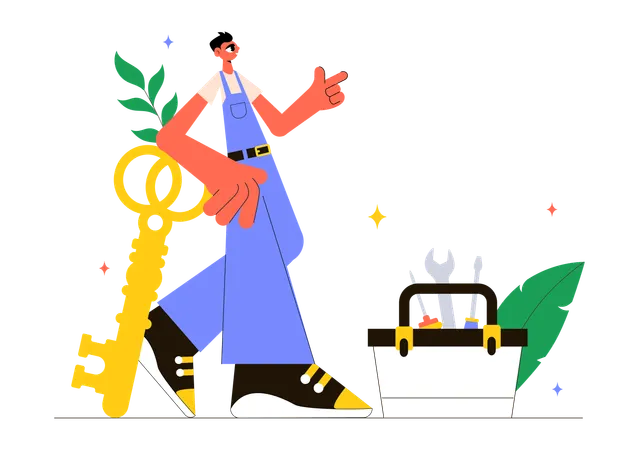 Repair man pointing toolkit  Illustration