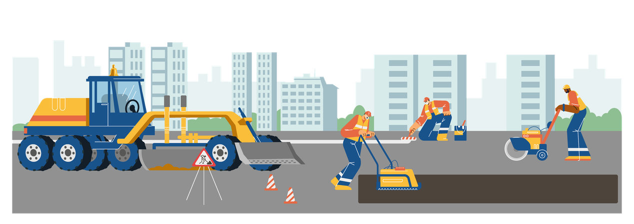Repair road workers constructing asphalt cover surface highway in city using machinery  Illustration