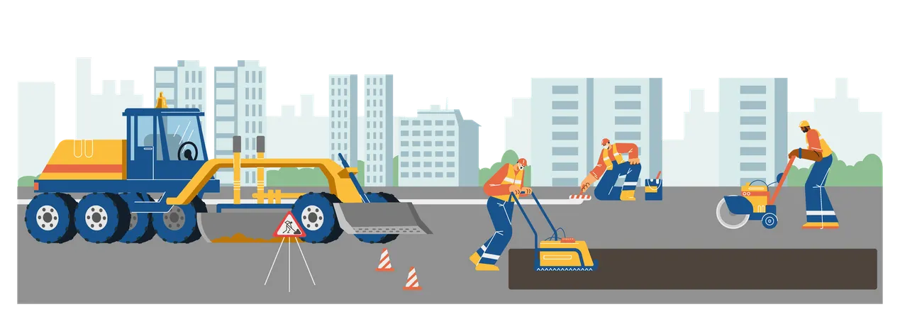 Repair road workers constructing asphalt cover surface highway in city using machinery  Illustration