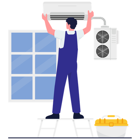 Repair worker doing Air Conditioner Installation  Illustration