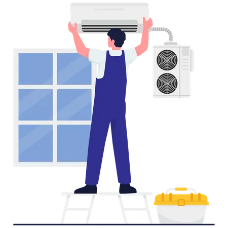 Repair worker doing Air Conditioner Installation  Illustration