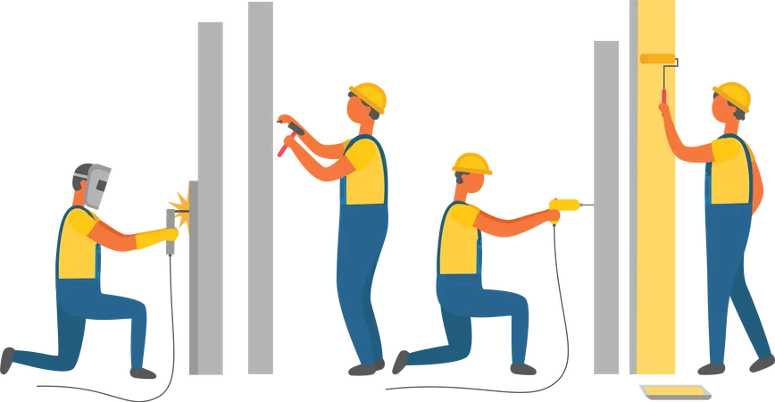 Construction Repair Works Drilling And Painting Walls Vector Building And Renovation Builders In Overalls And Hardhat Electric Drill And Roller Illustration