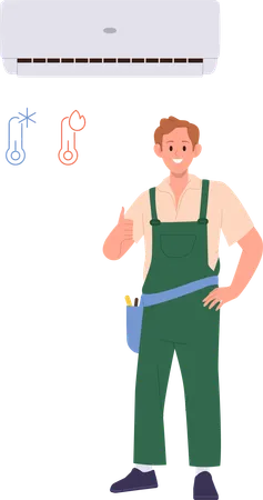 Repairman character gesturing thumbsup approving successful air conditioner adjustment  Illustration