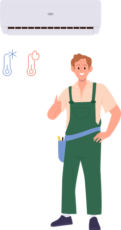 Repairman character gesturing thumbsup approving successful air conditioner adjustment  イラスト