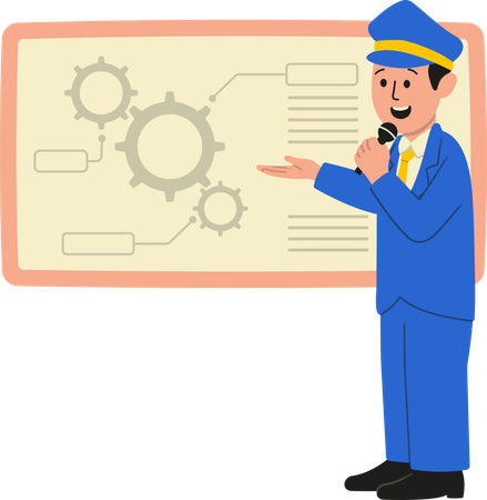 Repairman discussing train configuration  Illustration