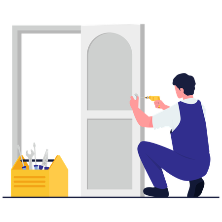 Repairman doing Door Handle Repair  Illustration