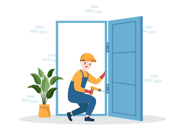 Window And Door Installation Service With Worker For Home Repair And Renovation Use Tools In Flat Cartoon Hand Drawn Template Illustration Illustration