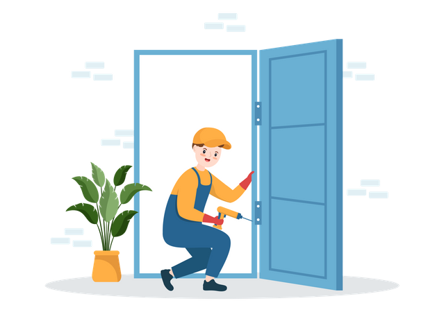 Repairman drilling holes for door installation  Illustration