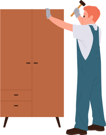 Repairman fixes cupboard  Illustration