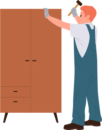 Repairman fixes cupboard  Illustration