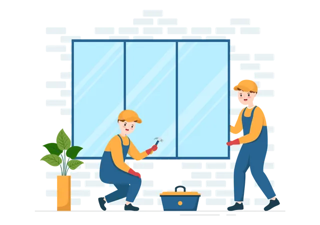 Window And Door Installation Service With Worker For Home Repair And Renovation Use Tools In Flat Cartoon Hand Drawn Template Illustration Illustration