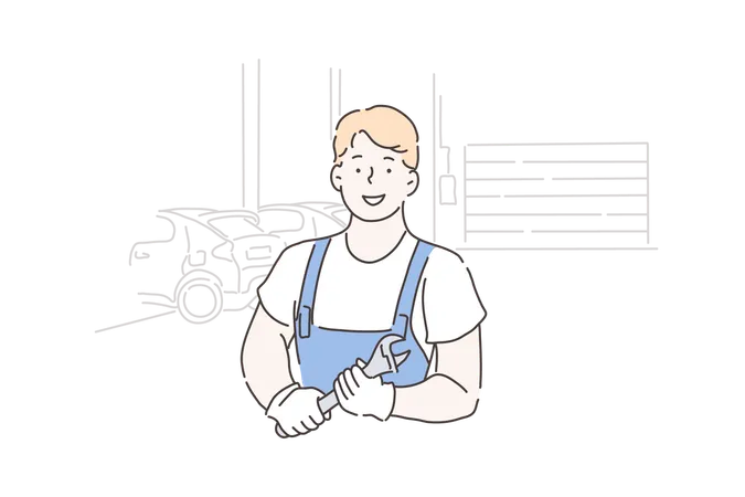 Maintenance Assistance Repair Service Concept Young Experienced Master Man With A Wrench Repairing A Car Or Consulting Cheerful Guy With A Smile Starts His Favorite Work Vector Flat Design Illustration