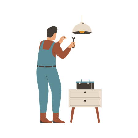Repairman repair lamp at home  イラスト