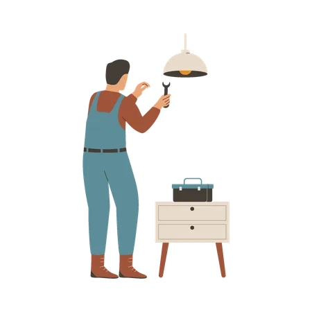 Repairman Repairs Lamp At Home Illustration