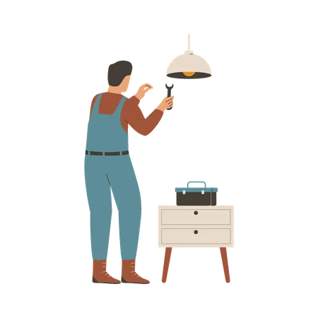 Repairman repair lamp at home  Illustration