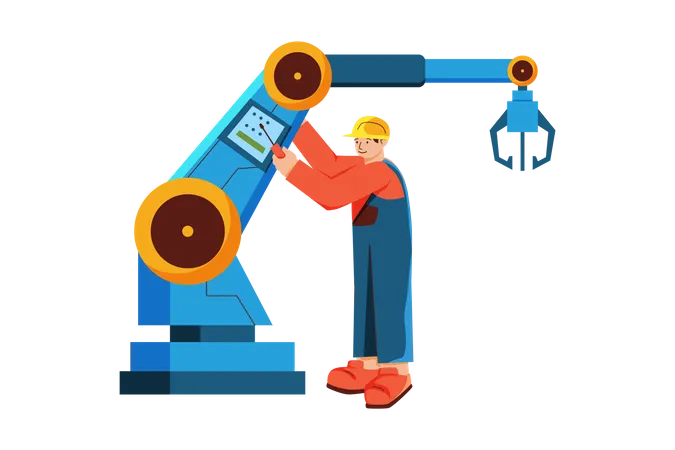 Repairman repairing factory robotic arm  Illustration