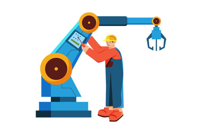 Repairman repairing factory robotic arm  Illustration