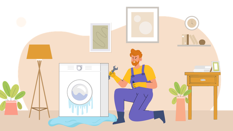 Repairman repairing washing machine  Illustration
