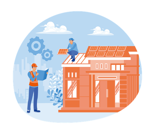 Repairman Replacing And Installing House Roofs  Illustration