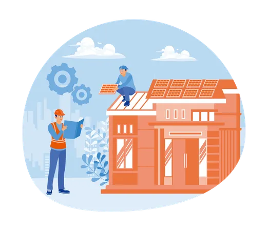 Repairman Replacing And Installing House Roofs  Illustration