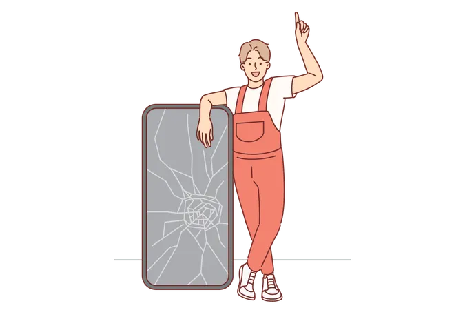 Man Repairman Stands Near Phone With Broken Display And Points Up Recommending Purchasing Protective Film For Smartphone Guy Works In Service Center Of Electronics Store And Blues Broken Phone Illustration