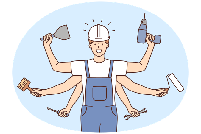 Repairman with numerous hands holding tools  Illustration