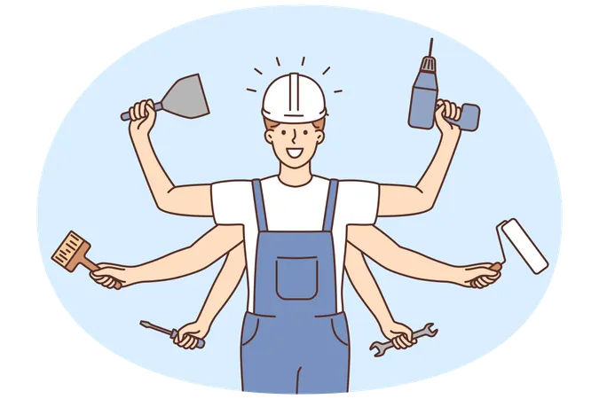 Repairman with numerous hands holding tools  Illustration