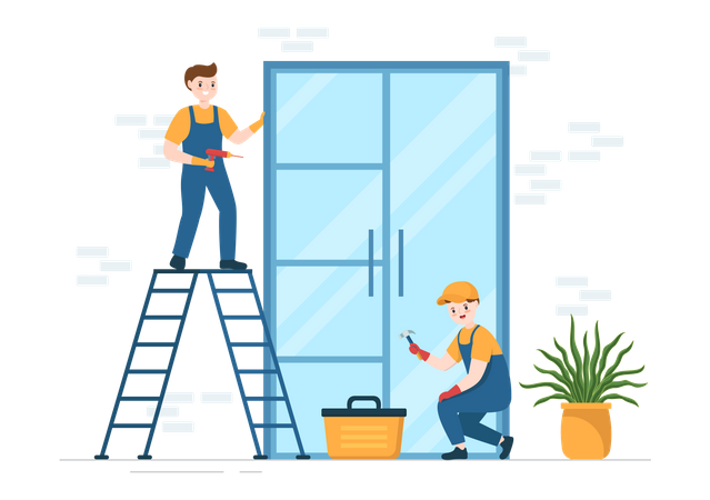 Repairman working with door installation  Illustration
