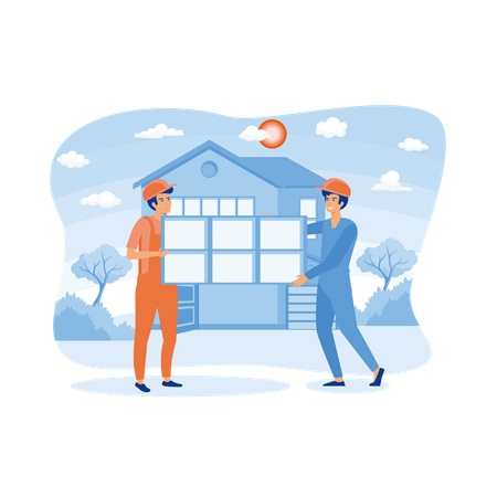 Repairmen installing roof over house  Illustration