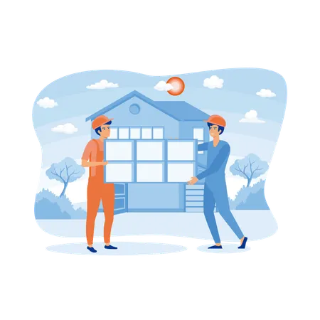 Repairmen installing roof over house  Illustration