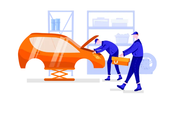 Reparación de automóviles en garaje por trabajador  Ilustración