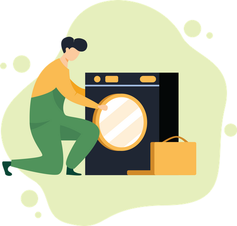 Reparador arreglando lavadora  Ilustración