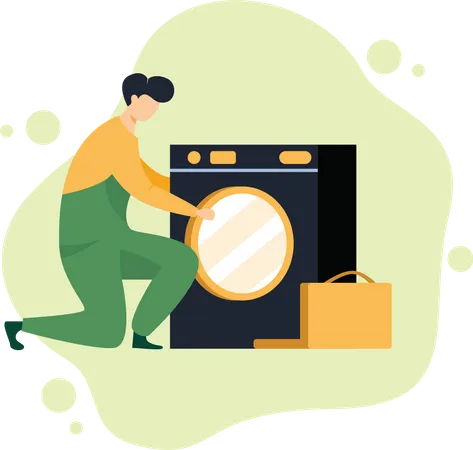 Reparador arreglando lavadora  Ilustración