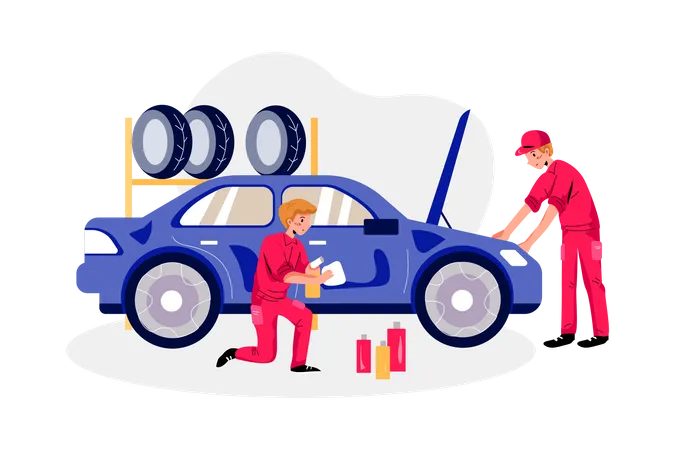 Reparador revisando el motor y limpiando el auto  Ilustración