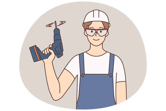 Reparador con taladro en las manos  Ilustración