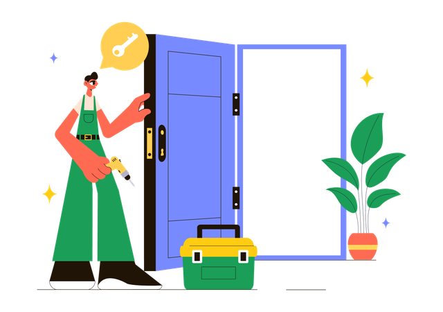 Reparador consertando porta de casa  Ilustração