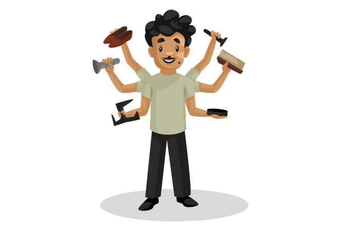 Reparador de calzado indio con herramientas de reparación de calzado en la mano  Illustration